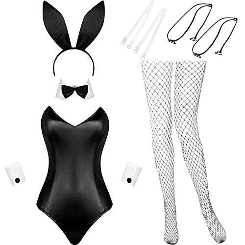 Geyoga Halloween Anime Damen Hase Kostüm Einteiler Bodysuit Kaninchen Haarreif Strümpfe Set Hasen Outfit für Weihnachten Party(Weiß und Schwarz, M) von Geyoga