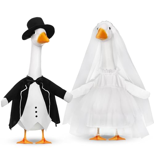 Geyoga 2 Sets Hochzeitsgans-Outfits für 58,4 cm Zement-Rasengans-Paar, Herrenanzug, Blazer und Damen-Hochzeitskleider, Paar-Kostüm für Garten, Outdoor-Dekoration von Geyoga