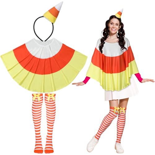 Geyoga 3 Stück Halloween Candy Corn Kostüm Candy Corn Stirnband Umhang Oberschenkelhohe Socken für Frauen Halloween Party Cosplay Supplies von Geyoga