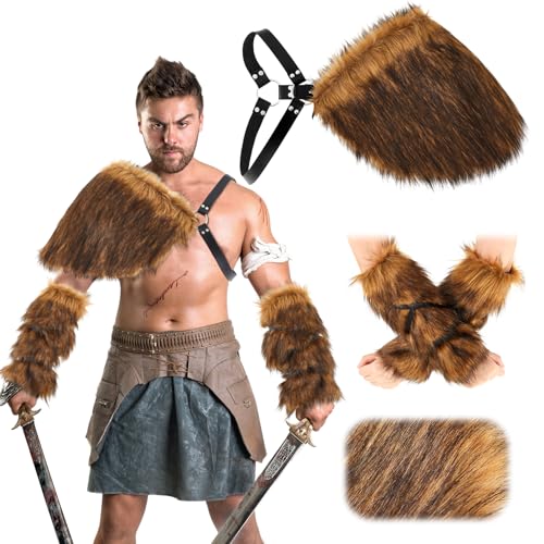 Geyoga 3 Stück Viking Kunstfell Kragen für Männer Herren Wikinger Fell Schulterüberwurf Wikingerkostüm Wikinger Armmanschetten aus Kunstpelz Schal Capelet Wrap Accessoire für Halloween(Dunkelbraun) von Geyoga