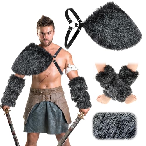 Geyoga 3 Stück Viking Kunstfell Kragen für Männer Herren Wikinger Fell Schulterüberwurf Wikingerkostüm Wikinger Armmanschetten aus Kunstpelz Schal Capelet Wrap Accessoire für Halloween(Grau) von Geyoga