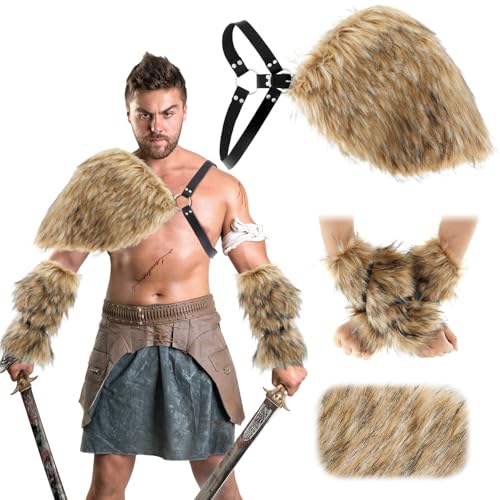 Geyoga 3 Stück Viking Kunstfell Kragen für Männer Herren Wikinger Fell Schulterüberwurf Wikingerkostüm Wikinger Armmanschetten aus Kunstpelz Schal Capelet Wrap Kostüm Accessoire für Halloween Cosplay von Geyoga
