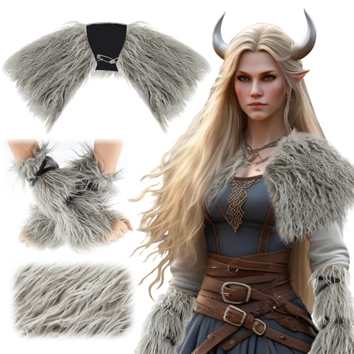 Geyoga 3 Stück Wikinger Kostüm für Damen Kunstwollpelz Gotisch Kragen und Manschetten Mittelalter Outfit für Halloween Party Cosplay(Grau) von Geyoga