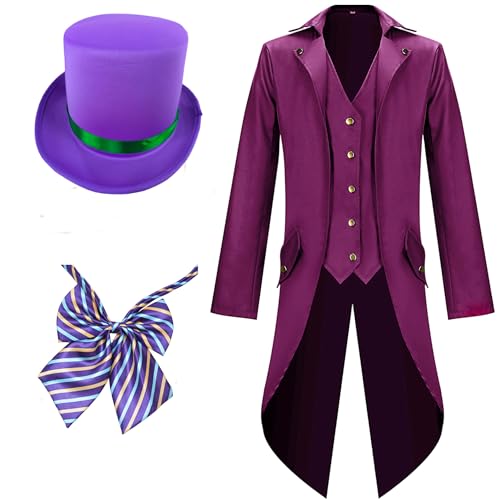 Geyoga 3-teiliges Halloween-Kostüm für Herren mit Steampunk-Frack, Jacke, Zylinder, Fliege für Halloween, Erwachsene, Cosplay (XX-Large), Violett von Geyoga