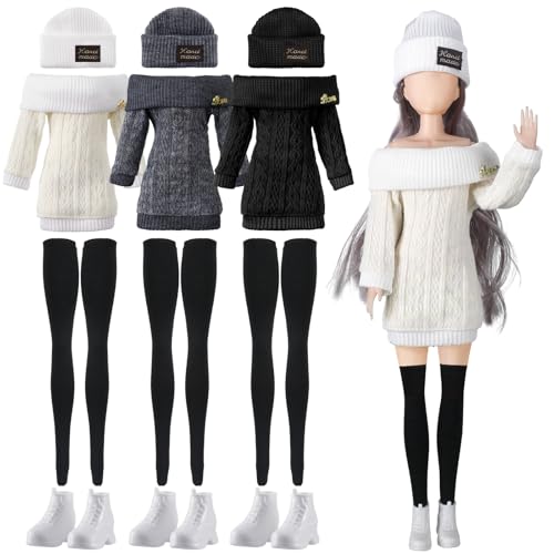 Geyoga 3er-Set, 12-teiliges Winter-Puppenkleidung und Zubehör, Puppenanzug, Puppenhose, Schuhe, Winterpullover, Outfits, Puppen sind nicht im Lieferumfang enthalten (weiß, schwarz, grau, 30,5 cm) von Geyoga