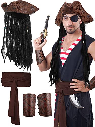 Geyoga 4-teiliges Halloween-Piratenkostüm-Set enthält Piratenhut mit Dreadlocks-Schärpe, Gürtel, Lederarmschiene, für Herren, Cosplay (braun) von Geyoga