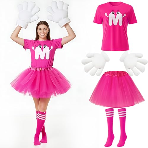 Geyoga 6-teiliges Halloween-Kostüm-Set mit Buchstabe M, bestehend aus T-Shirt, Tutu, Röcken, Jumbo-Cartoon-Handschuhe, Socken für Damen (Hot Pink, X-Large) von Geyoga