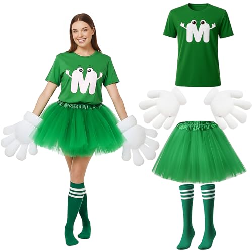 Geyoga 6-teiliges Halloween-Kostüm-Set mit Buchstabe M, inklusive T-Shirt, Tutu, Röcken, Jumbo-Cartoon-Handschuhe, Socken für Damen, Grün , M von Geyoga