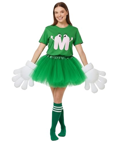 Geyoga 6-teiliges Halloween-Kostüm-Set mit Buchstabe M, inklusive T-Shirt, Tutu, Röcken, Jumbo-Cartoon-Handschuhe, Socken für Damen, Grün , XL von Geyoga