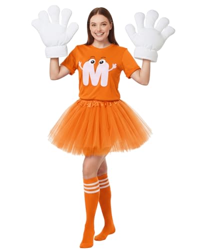 Geyoga 6-teiliges Halloween-Kostüm-Set mit Buchstabe M, inklusive T-Shirt, Tutu, Röcken, Jumbo-Cartoon-Handschuhe, Socken für Damen, Orange/Abendrot im Zickzackmuster (Sunset Chevron), L von Geyoga