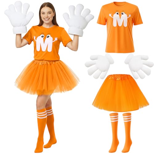Geyoga 6-teiliges Halloween-Kostüm-Set mit Buchstabe M, inklusive T-Shirt, Tutu, Röcken, Jumbo-Cartoon-Handschuhe, Socken für Damen, Orange/Abendrot im Zickzackmuster (Sunset Chevron), S von Geyoga