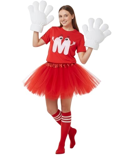 Geyoga 6-teiliges Halloween-Kostüm-Set mit Buchstabe M, inklusive T-Shirt, Tutu, Röcken, Jumbo-Cartoon-Handschuhe, Socken für Damen, Rot/Ausflug, einfarbig (Getaway Solids), XXL von Geyoga