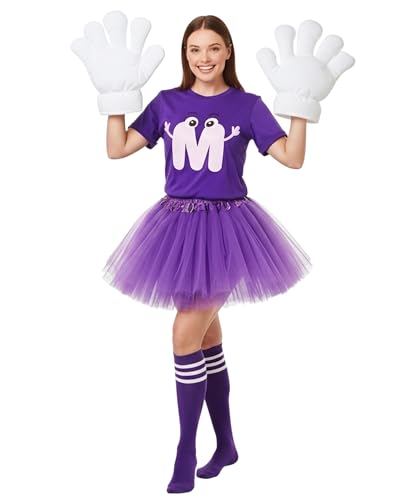 Geyoga 6-teiliges Halloween-Kostüm-Set mit Buchstabe M, inklusive T-Shirt, Tutu, Röcken, Jumbo-Cartoon-Handschuhe, Socken für Damen, Violett, XXL von Geyoga