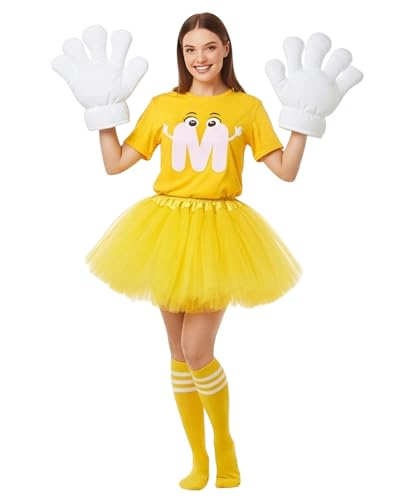 Geyoga 6-teiliges Halloween-Kostüm-Set mit Buchstabe M, inklusive T-Shirt, Tutu, Röcken, Jumbo-Cartoon-Handschuhe, Socken für Damen, gelb, XS von Geyoga