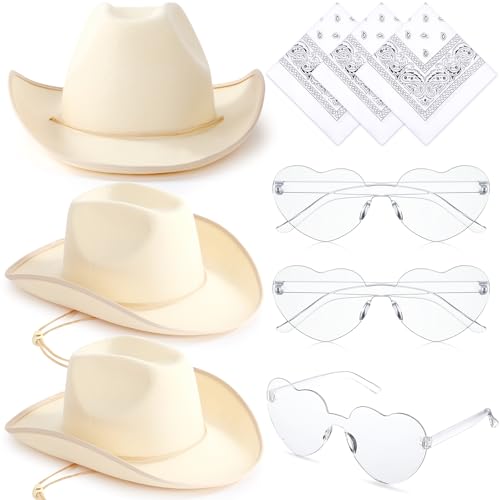 Geyoga Cowboyhut für Erwachsene, Paisley-Bandanas und herzförmige Sonnenbrille für Western-Cowgirl-Party-Kostüm (Beige, Stoff), 9 Stück von Geyoga