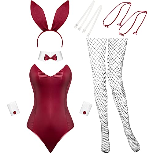 Geyoga Halloween Anime Damen Hase Kostüm Einteiler Bodysuit Kaninchen Haarreif Strümpfe Set Hasen Outfit für Weihnachten Party(Weinrot, M) von Geyoga