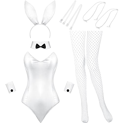Geyoga Halloween-Anime-Hasenkostüm für Damen, ein Body, Hasen-Stirnband, Strümpfe, Set, Kaninchen-Outfit für Weihnachten, Kostümparty (Weiß, Größe M) von Geyoga