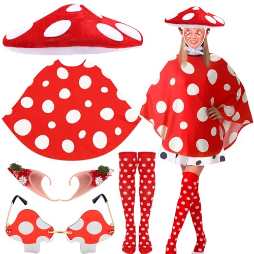 Geyoga Halloween-Pilz-Kostüm-Set, Pilzhut, Umhang, Elfenohren, Sonnenbrille und Strumpfponcho, Feen-Kostüm, für Damen, Renaissance-Zubehör, Outfits von Geyoga