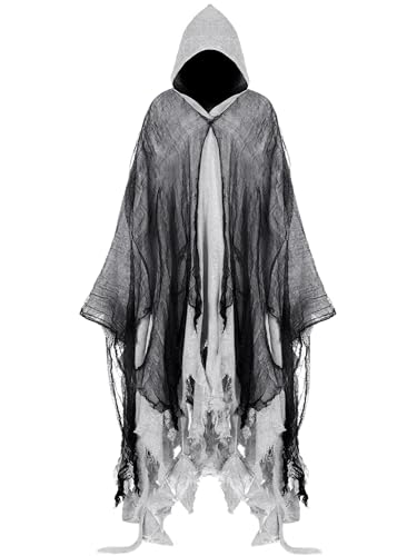 Geyoga Kapuzenumhang Mittelalter Renaissance Gothic Zauberer Umhang Sensenmann Cosplay Kostüm für Erwachsene, Grau, Large von Geyoga