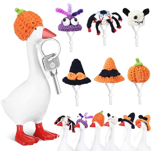Geyoga Mini-Strickmütze, 17,8 cm, Gans-Outfits, Hut mit verstellbarem Riemen, Mini-Veranda-Gänse-Kopfbedeckung für Statue, Schlüsselhalter, 6 Stück, Gelb, Grün, Rosa, Grau, Braun, Blau, 5 cm von Geyoga