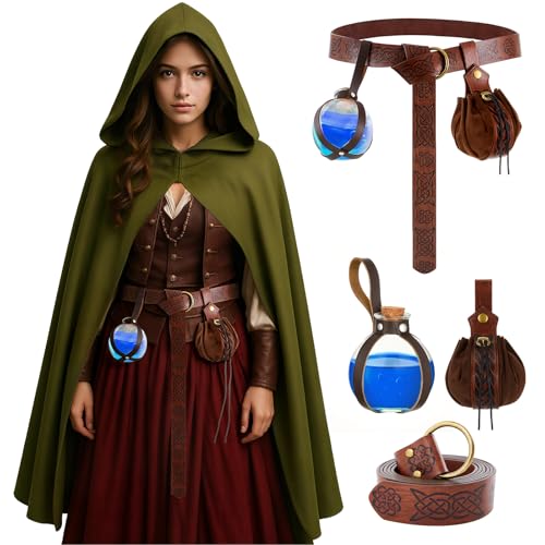 Geyoga Renaissance-Kostüm-Set, mittelalterlicher Wikinger-Kapuzenumhang mit Renaissance-Gürteltasche, Flaschenzubehör für Halloween, 5-teilig, Grün , about 39.4 inches Geyoga Renaissance-Kostüm-Set, mittelalterlicher Wikinger-Kapuzenumhang mit Renaissance-Gürteltasche, Flaschenzubehör für Halloween, 5-teilig, Grün , about 39.4 inches von Geyoga