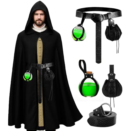 Geyoga Renaissance-Kostüm-Set, mittelalterlicher Wikinger-Kapuzenumhang mit Renaissance-Gürteltasche, Flaschenzubehör für Halloween, 5-teilig, Schwarz, about 39.4 inches Geyoga Renaissance-Kostüm-Set, mittelalterlicher Wikinger-Kapuzenumhang mit Renaissance-Gürteltasche, Flaschenzubehör für Halloween, 5-teilig, Schwarz, about 39.4 inches von Geyoga