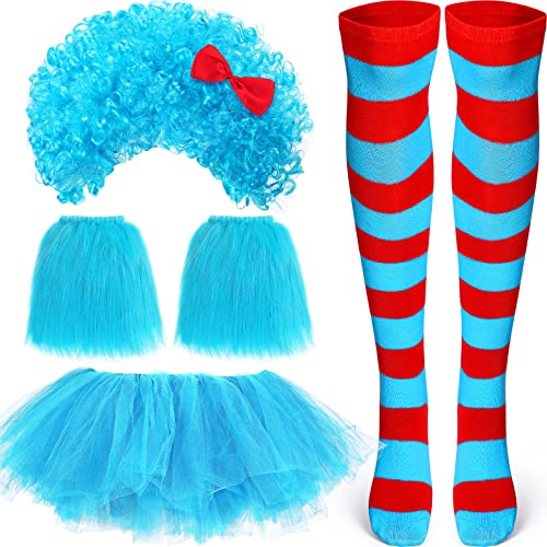 Geyoga Tüll Tutu Kostüm Zubehör Set Tüll Tutus Röcke Blau Perücke Pferdeschwanz Lange Knie Oberschenkel Hoch Gestreifte Socken Armstulpen Kostüm Zubehör von Geyoga