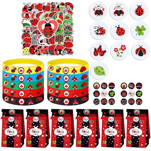 Ghberll Ladybug Geburtstagsparty-Zubehör-Packungen enthalten 10 Süßigkeiten-Leckerli-Taschen, 10 Silikon-Armbänder, 10 Knopf-Abzeichen, 50 Aufkleber für Mädchen, Jungen, Kinder Ghberll Ladybug Geburtstagsparty-Zubehör-Packungen enthalten 10 Süßigkeiten-Leckerli-Taschen, 10 Silikon-Armbänder, 10 Knopf-Abzeichen, 50 Aufkleber für Mädchen, Jungen, Kinder von Ghberll