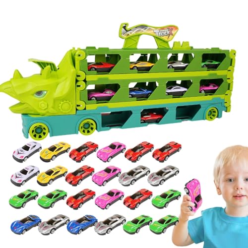 Ghirting Dino-Transportträger-LKW - LKW-Spielzeug mit 24 Rückzugsautos,Solide Spielzeug-LKWs mit weichen Kanten für Kinder, Jungen und Mädchen von Ghirting