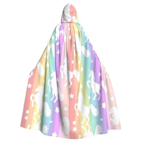Ghjkfbf Einhorn auf bunten Streifen Druck Halloween Mantel mit Kapuze Erwachsene stilvolle Umhang für Karneval Themenpartys Cosplay von Ghjkfbf