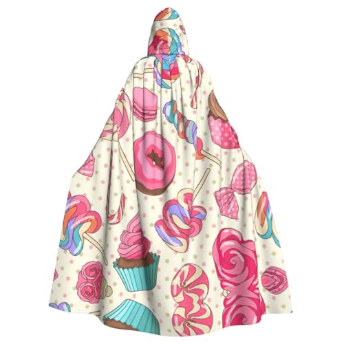Ghjkfbf Farbenfroher süßer Lutscher-Cupcake-Donut-Druck, Halloween, Kapuzenumhang für Erwachsene, stilvoller Umhang für Karneval, Mottopartys, Cosplays von Ghjkfbf