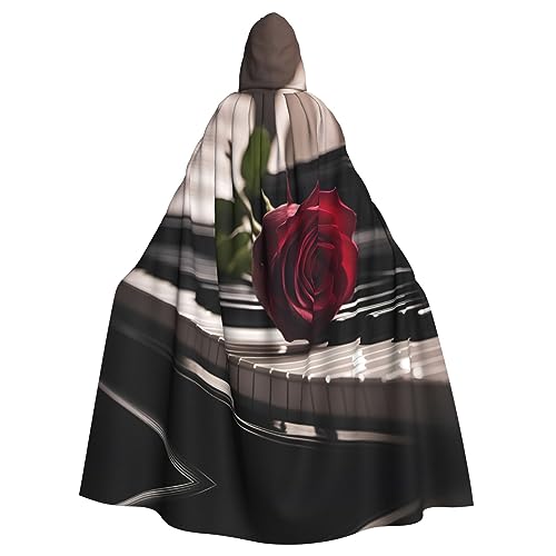 Ghjkfbf Rote Rose auf Klavierdruck, Halloween-Kapuzenumhang für Erwachsene, stilvoller Umhang für Karneval, Motto-Partys, Cosplays von Ghjkfbf