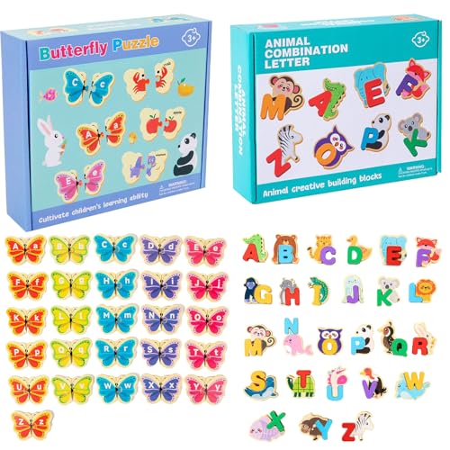 Alphabet Puzzle, Wooden Animal Jigsaw, Fine Motor Skill Builder, Multicolor, Educational Learning Toy, 26 Pieces Colorful Set, for Kids 3+ Kindergarten Preschool Travel von Ghjkldha