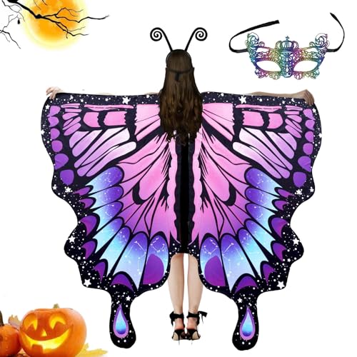 Ghjkldha Halloween-Schmetterlingskostüm, Halloween-Kostüm für Damen, Umhang, bunte Schmetterlingsflügel mit Maske und Antennen-Stirnband für Damen und Erwachsene von Ghjkldha