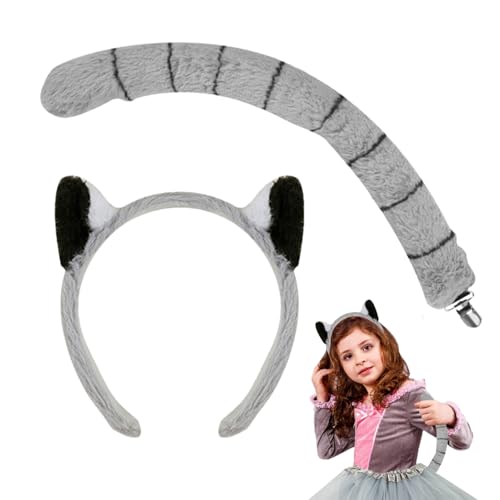 Ghjkldha Lemur Tierohren Kostüm Stirnband und Schwanz Set Plüsch Stoff Zubehör Leicht und Verstellbar Hervorragend für und Mädchen Karneval Cosplay und Feiertagsveranstaltungen von Ghjkldha