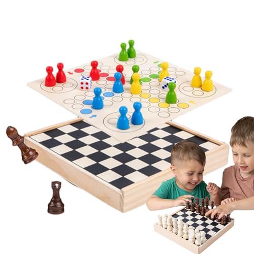 Ghjkldha Reiseschach, Kinderschachspiel | 2-in-1 fliegendes Schach-Reisebrett - Puzzle-Brettspiel aus Holz mit tragbarem Holzkoffer und sicherer Aufbewahrung für Teile, Set für Kinder und Erwachsene von Ghjkldha