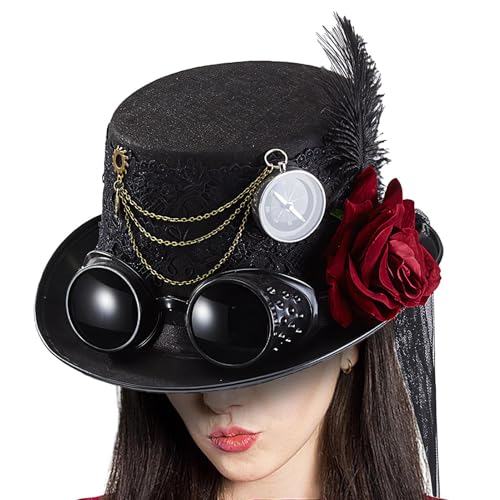 Ghjkldha Steampunk Hut Herren Gothic Stil | Damen Hut im Viktorianischen Stil,Verkleidungskopfschmuck mit Abnehmbarer Rose und Gogelkette für Herren Filmrequisiten Cosplay Halloween Party von Ghjkldha