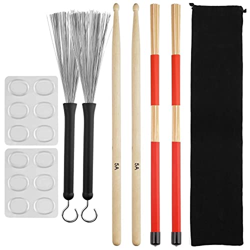 Ghulumn Set von Drumsticks, Stäbchen aus Ahornholz 5A, Bürsten für Stangen, Metallbürsten Einziehbar, Stoßdämpfer für Taschenfässer von Ghulumn