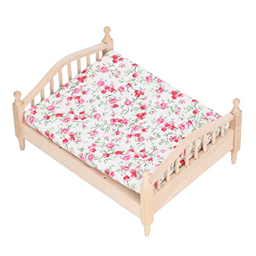 Dollhouse Mini Doppelbett, Birchholz -Stoff Miniaturmöbel Doppelbett für 1:12 Puppenhausgeschenke, Exquisite Verarbeitung, Hohe Simulation, Sehr Attraktiv und Elegant von Ghzste