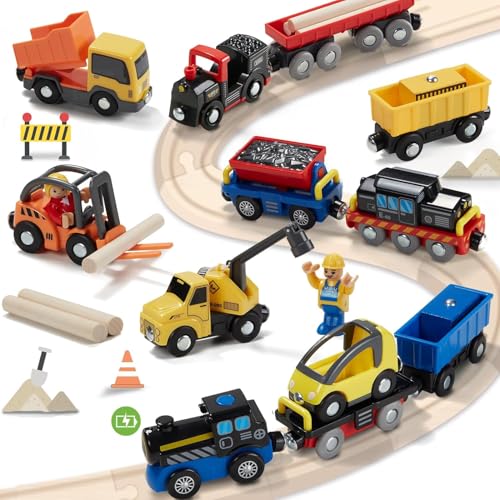 12 Fahrzeuge Batteriebetriebenes Eisenbahnwaggon-Set-Zubehör, Magnetisches Mini-Bauset für Hölzerne Eisenbahnschienen, Großes Autospielzeug für Kleinkinder im Alter Von 3 Bis 5 Jahren, Zug Spielzeug von Giant bean