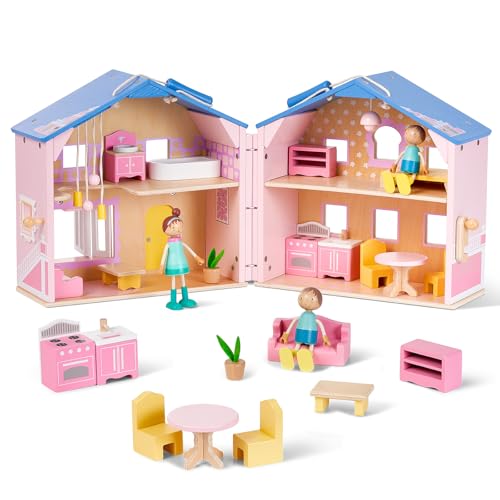 Exquisites rosafarbenes Puppenhaus für Mädchen mit Puppen und Möbelzubehör – faltbar und tragbar, Kinder ab 3 Jahren. Maße: 34,8 cm (H) x 27,7 cm (B) x 34,1 cm (T) von Giant bean
