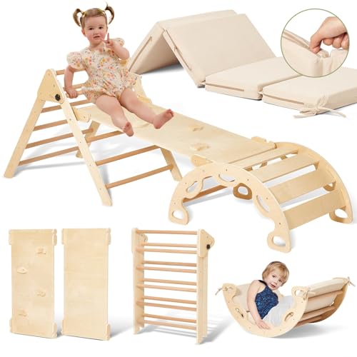 Giant bean 5-in-1 Montessori Kletterdreieck mit Kletterbogen und Rutsche, Holzdreieck für Kleinkinder ab 2-5, Indoor Kletterdreieck Kletterspielzeug, mit Griff Matte, Holzfarben, M Giant bean 5-in-1 Montessori Kletterdreieck mit Kletterbogen und Rutsche, Holzdreieck für Kleinkinder ab 2-5, Indoor Kletterdreieck Kletterspielzeug, mit Griff Matte, Holzfarben, M von Giant bean