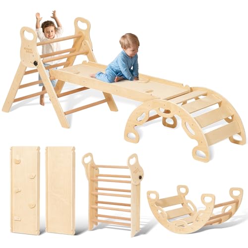 Giant bean 7-in-1 Montessori Kletterdreieck mit Kletterbogen und Rutsche, Holzdreieck für Kleinkinder ab 1-3, Indoor Kletterspielzeug, Regenbogen mit Griff, Hellbraun, S von Giant bean