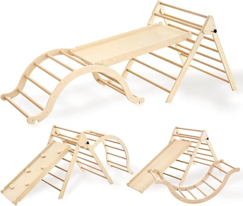 Giant bean 7-in-1 Montessori Kletterdreieck mit Kletterbogen und Rutsche, Holzdreieck für Kleinkinder ab 2-7, Indoor Kletterspielzeug, Hellbraun,L von Giant bean