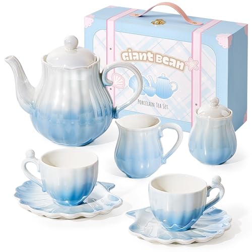 Giant bean Teeservice Kinder Porzellan 10-Teiliges, Perle Blau Serie der britischen Königlichen Prinzessinnen Puppengeschirr Porzellan, Tee Service Set für Kleine Mädchen Kinder 3+ von Giant bean