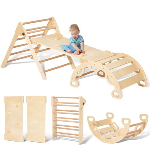 Giant bean Faltbares Kletterdreieck mit Rutsche Set mit Schieberampe & Kletterbogenrampe, 3-in-1-Holzkletterspielzeug für Kleinkinder im Innenbereich, Spielplatz-Klettergerüst für Kinder im Alter Von von Giant bean