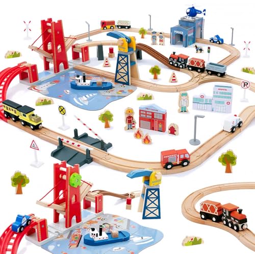 Giant bean Holzeisenbahn Set, 117 Pcs City-Zugset für Kinder Erweiterbares Holzeisenbahn-Set, Kleinkindspielzeug, Geschenk für Jungen und Mädchen ab 3 Jahren, Passend für Thomas Der Zug, Brio von Giant bean