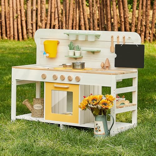 Giant bean Matschküche Kinder Outdoor 3-8, Deluxe Holz Spielzeugspiel Küchenset Outdoor Gartenküche Fun, Outdoorküche aus Tannenholz mit abnehmbarem Waschbecken & Wassertank & Herd von Giant bean