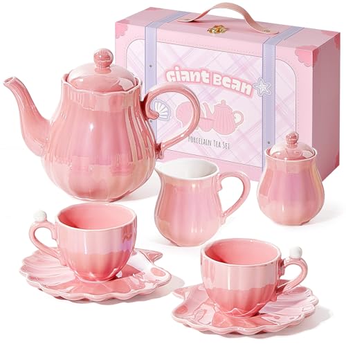 Giant bean Teeservice Kinder Porzellan 10-Teiliges, Perle Rosa Serie der britischen Königlichen Prinzessinnen Puppengeschirr Porzellan, Tee Service Set für Kleine Mädchen Kinder 3+ von Giant bean