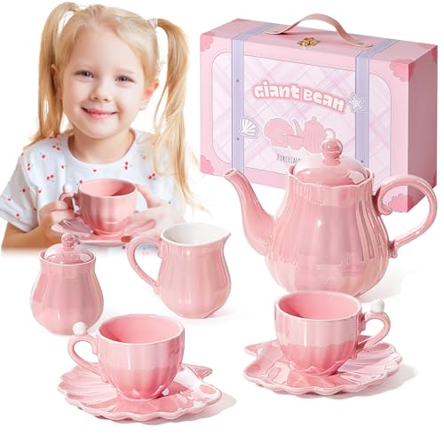 Giant bean Teeservice Kinder Porzellan 10-Teiliges, Perle Rosa Serie der britischen Königlichen Prinzessinnen Puppengeschirr Porzellan, Tee Service Set für Kleine Mädchen Kinder 3+ von Giant bean